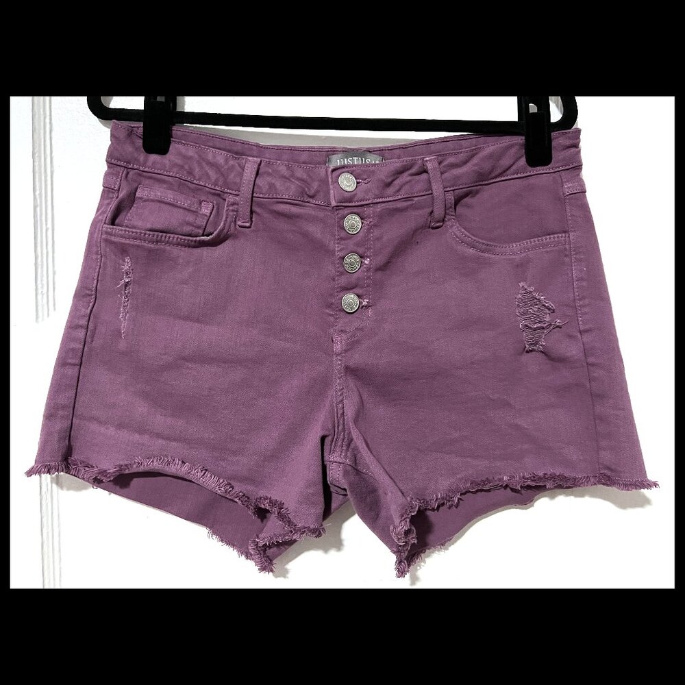 Just USA Womens Purple Denim Destructive Buttonfly Raw Hem Shorts Sz 32 EUC